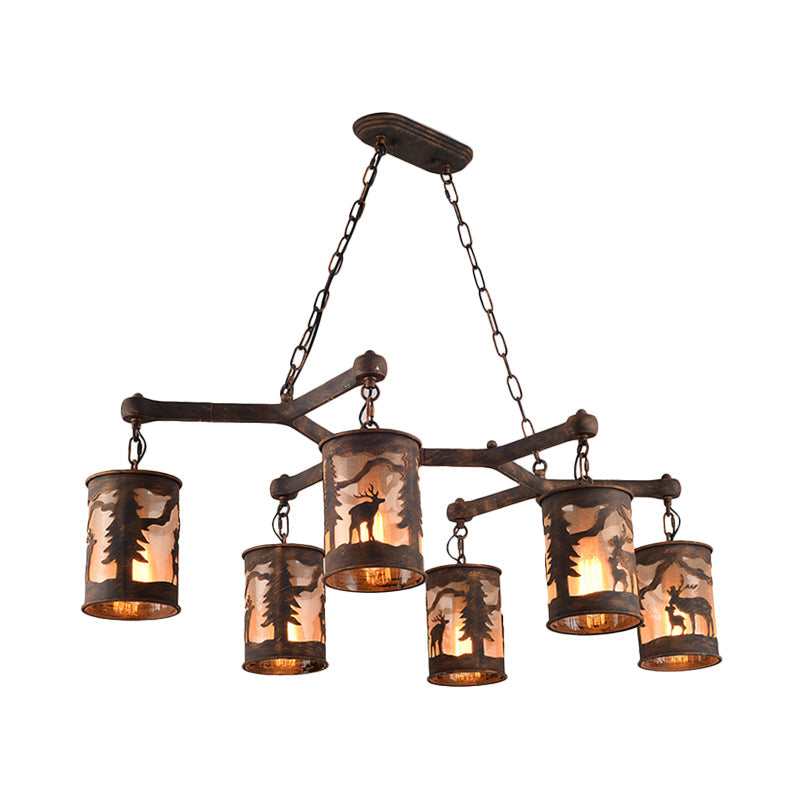 Vintage Cylinder Island Chandelier With Metal And Fabric Shade - 3/5/6 Lights Rustic Hanging Lamp