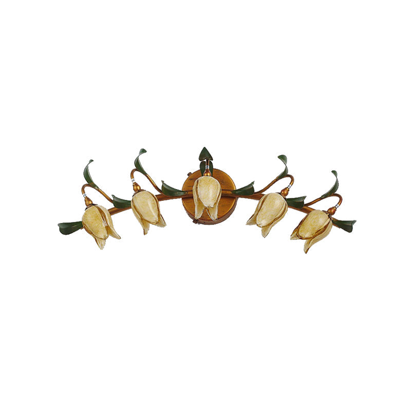 Yellow Flower Rustic Glass Sconce For Bathroom Wall - Swirled Gold Arm 3/5 Lights Fixture