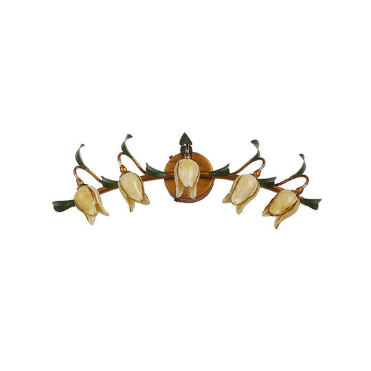 Yellow Flower Rustic Glass Sconce For Bathroom Wall - Swirled Gold Arm 3/5 Lights Fixture