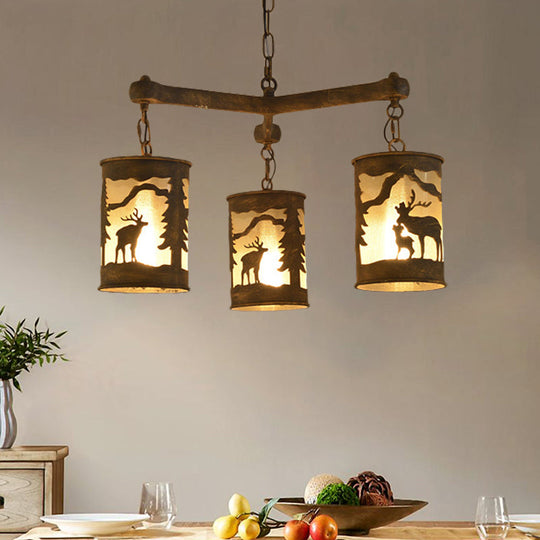 Rustic Metal And Fabric Chandelier Light With 3/6/9 Cylinder Lights Brown Pendant Lighting For