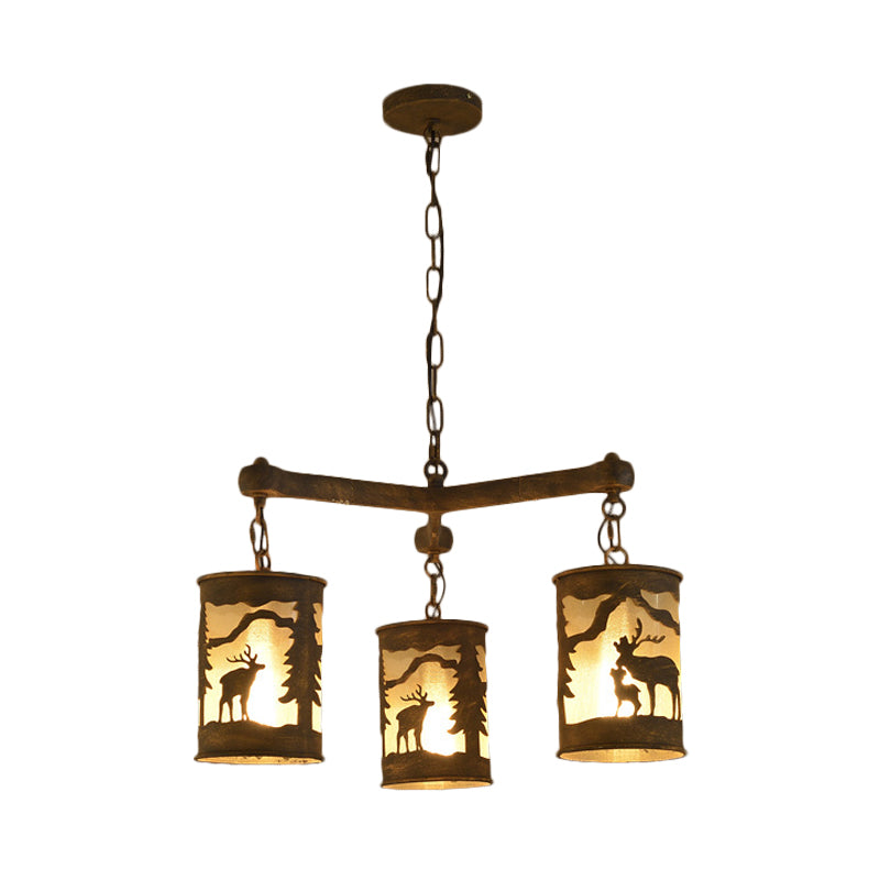 Rustic Metal And Fabric Chandelier Light With 3/6/9 Cylinder Lights Brown Pendant Lighting For