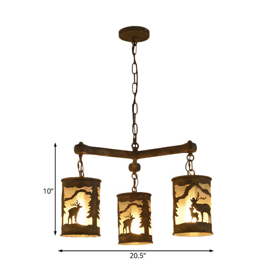 Rustic Metal And Fabric Chandelier Light With 3/6/9 Cylinder Lights Brown Pendant Lighting For