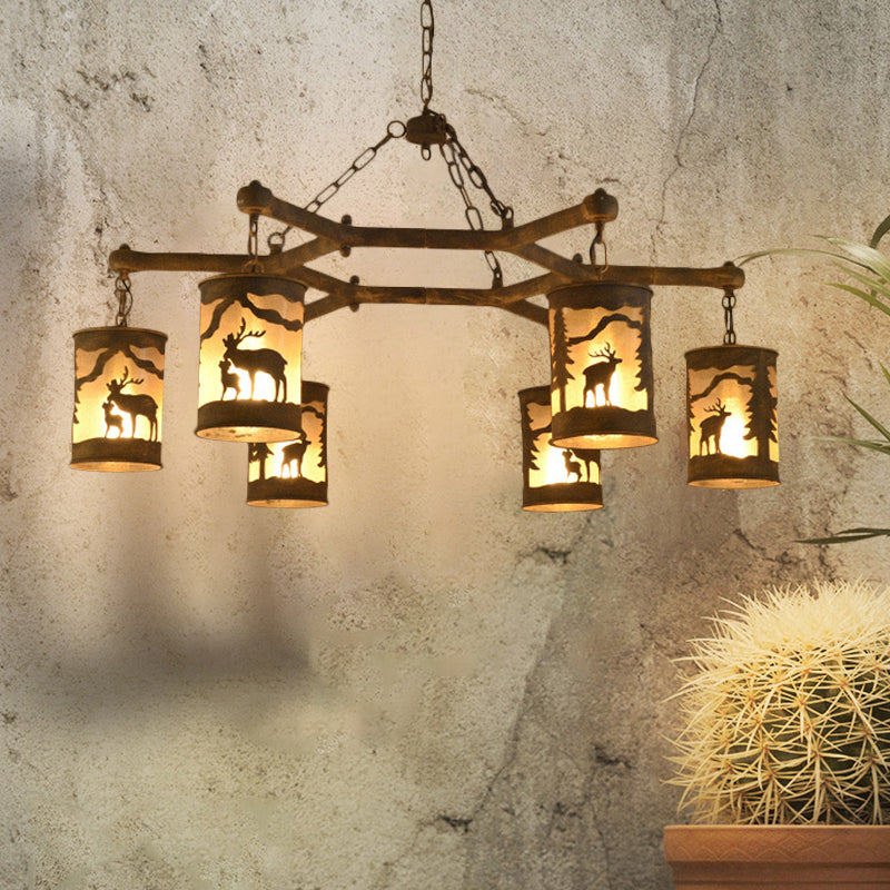 Rustic Metal And Fabric Chandelier Light With 3/6/9 Cylinder Lights Brown Pendant Lighting For