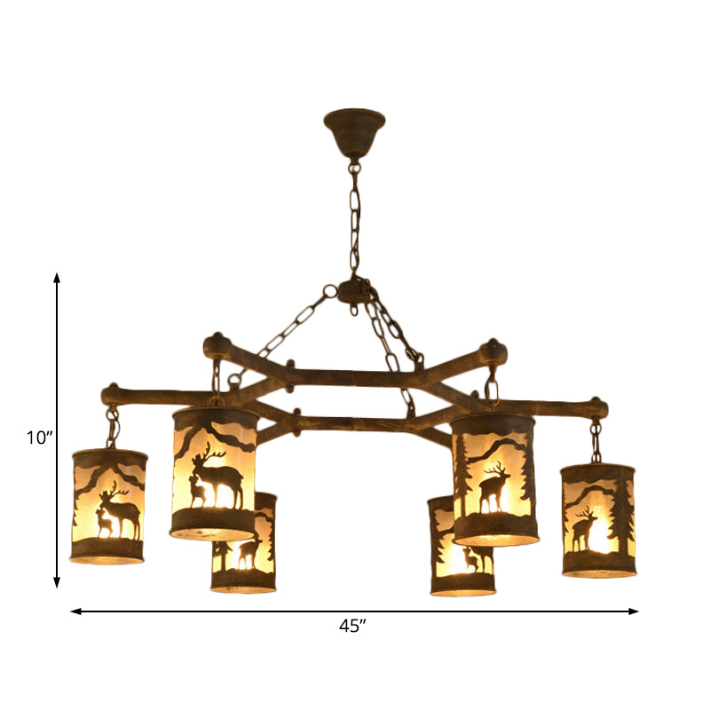 Rustic Metal And Fabric Chandelier Light With 3/6/9 Cylinder Lights Brown Pendant Lighting For