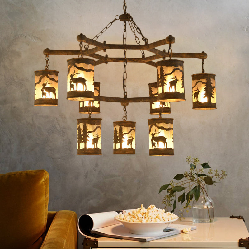 Rustic Metal And Fabric Chandelier Light With 3/6/9 Cylinder Lights Brown Pendant Lighting For