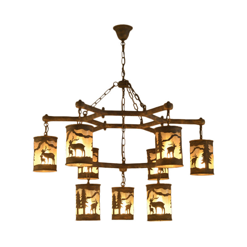 Rustic Metal And Fabric Chandelier Light With 3/6/9 Cylinder Lights Brown Pendant Lighting For