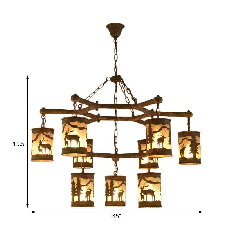 Rustic Metal And Fabric Chandelier Light With 3/6/9 Cylinder Lights Brown Pendant Lighting For