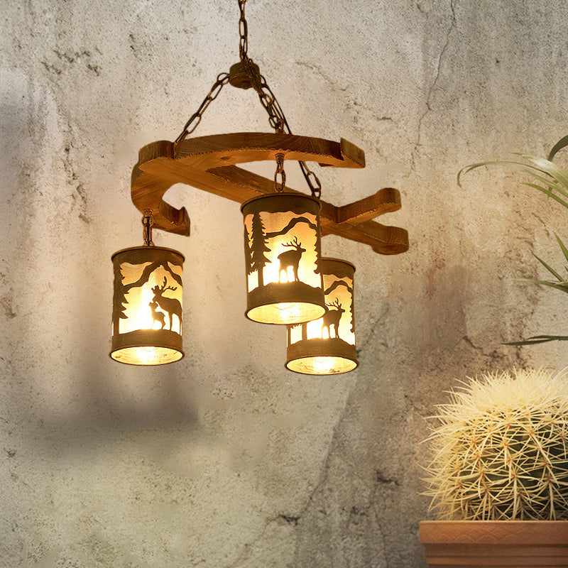 Rustic Wood Cylinder Chandelier With Anchor Accents - 3 Lights Brown Hanging Fixture For Living Room