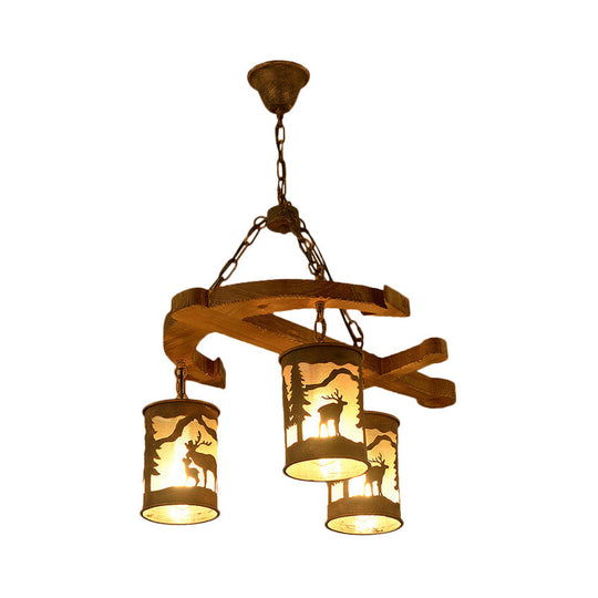 Rustic Wood Cylinder Chandelier With Anchor Accents - 3 Lights Brown Hanging Fixture For Living Room