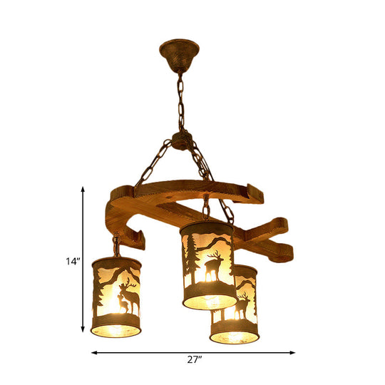 Rustic Wood Cylinder Chandelier With Anchor Accents - 3 Lights Brown Hanging Fixture For Living Room