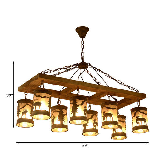 Country Style Wood And Metal 8-Light Linear Ceiling Chandelier - Bronze Finish