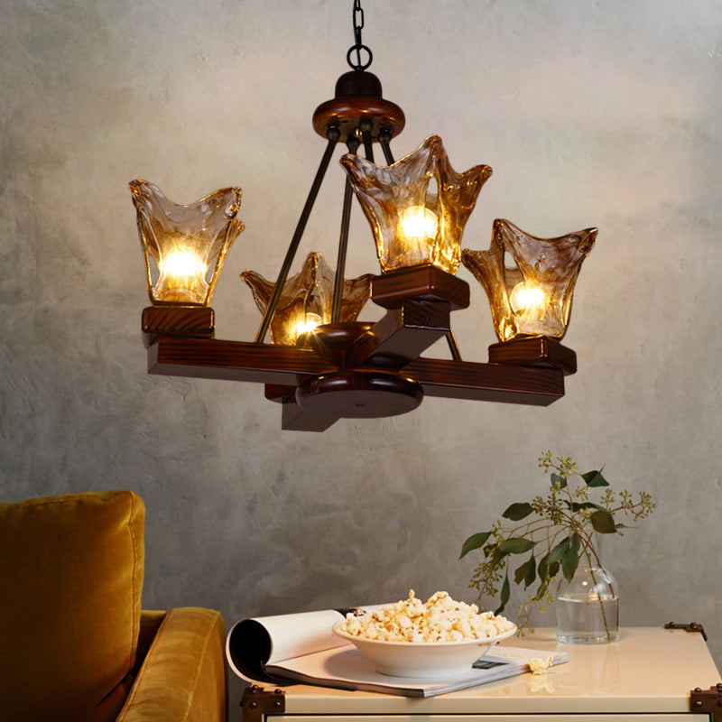 Rustic Wood Flower Chandelier With Tan Textured Glass 4/6 Lights Dining Pendant In Red Brown