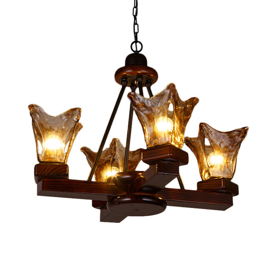 Rustic Wood Flower Chandelier With Tan Textured Glass 4/6 Lights Dining Pendant In Red Brown