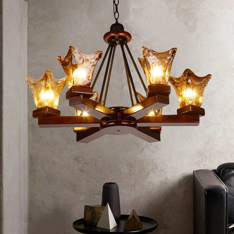 Rustic Wood Flower Chandelier With Tan Textured Glass 4/6 Lights Dining Pendant In Red Brown