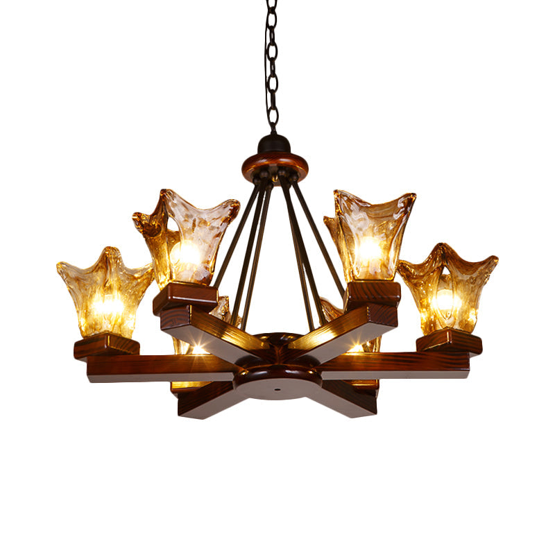 Rustic Wood Flower Chandelier With Tan Textured Glass 4/6 Lights Dining Pendant In Red Brown