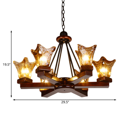 Rustic Wood Flower Chandelier With Tan Textured Glass 4/6 Lights Dining Pendant In Red Brown