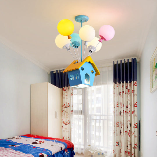 Blue Balloon House Hanging Lamp: Cartoon-Style Chandelier With 6 Wooden Bulbs & Multicolored Glass