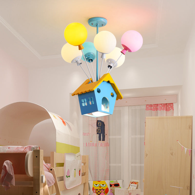 Blue Balloon House Hanging Lamp: Cartoon-Style Chandelier With 6 Wooden Bulbs & Multicolored Glass