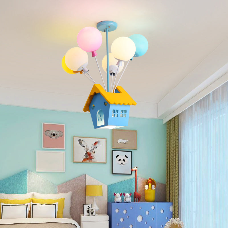 Blue Balloon House Hanging Lamp: Cartoon-Style Chandelier With 6 Wooden Bulbs & Multicolored Glass