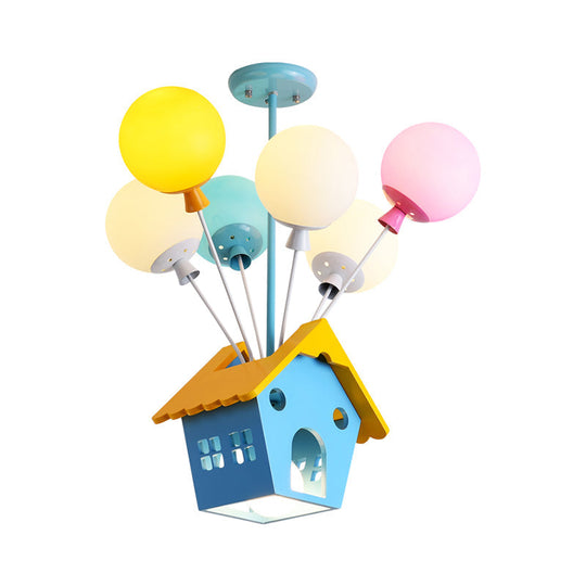 Blue Balloon House Hanging Lamp: Cartoon-Style Chandelier With 6 Wooden Bulbs & Multicolored Glass