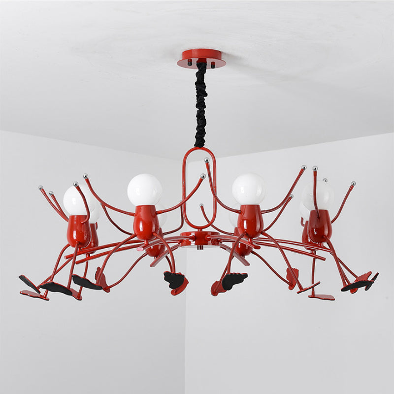 Playful Red Stick-Man Kids Room Chandelier Cartoon Metal Hanging Light Fixture