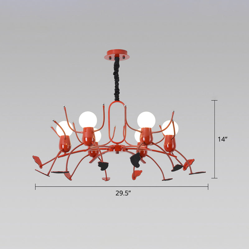 Playful Red Stick-Man Kids Room Chandelier Cartoon Metal Hanging Light Fixture