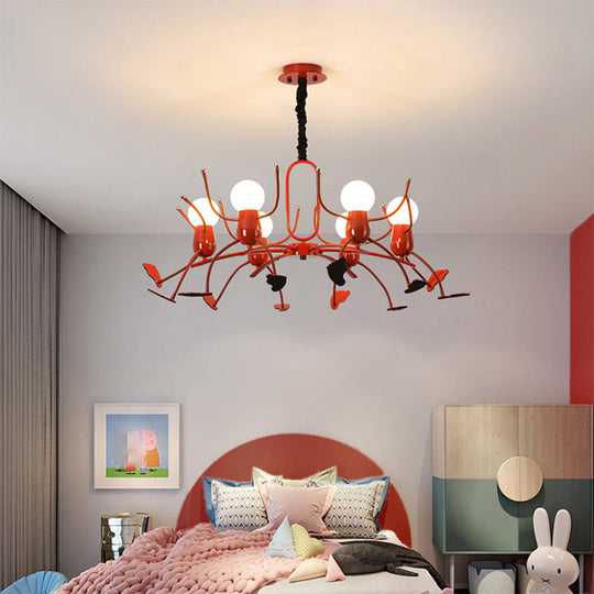 Playful Red Stick-Man Kids Room Chandelier Cartoon Metal Hanging Light Fixture