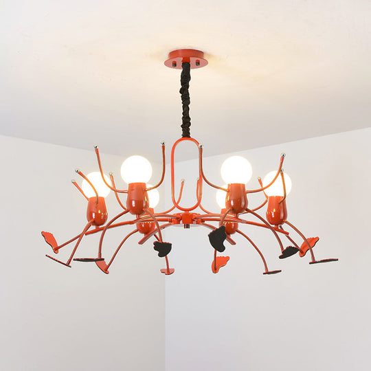 Playful Red Stick-Man Kids Room Chandelier Cartoon Metal Hanging Light Fixture