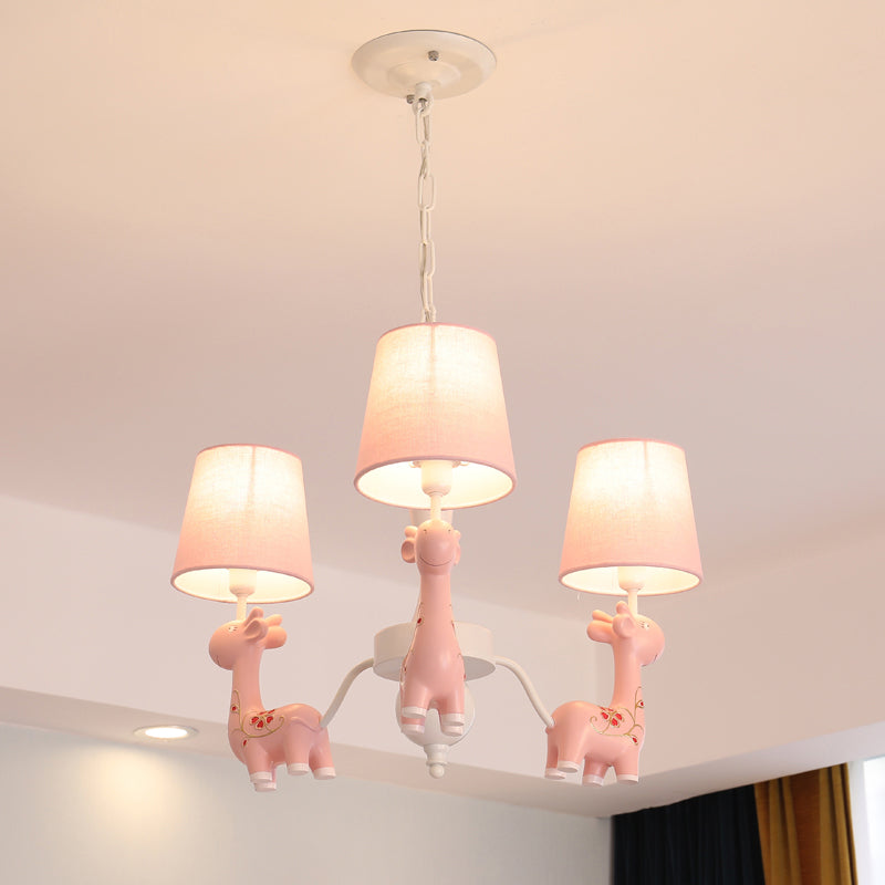 Sika Deer Cartoon Resin Chandelier With Fabric Shade - Hanging Ceiling Light 3 / Pink