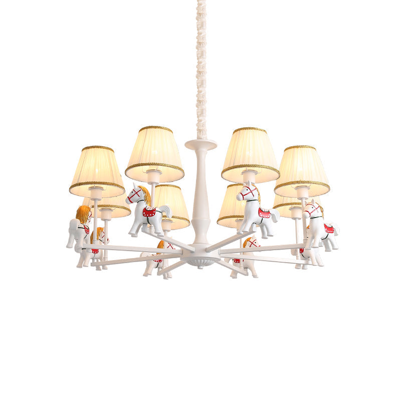 Kids White Horse Chandelier Lamp - Resin Ceiling Pendant Light With Fabric Shade