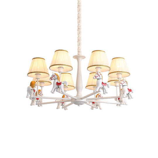 Kids White Horse Chandelier Lamp - Resin Ceiling Pendant Light With Fabric Shade