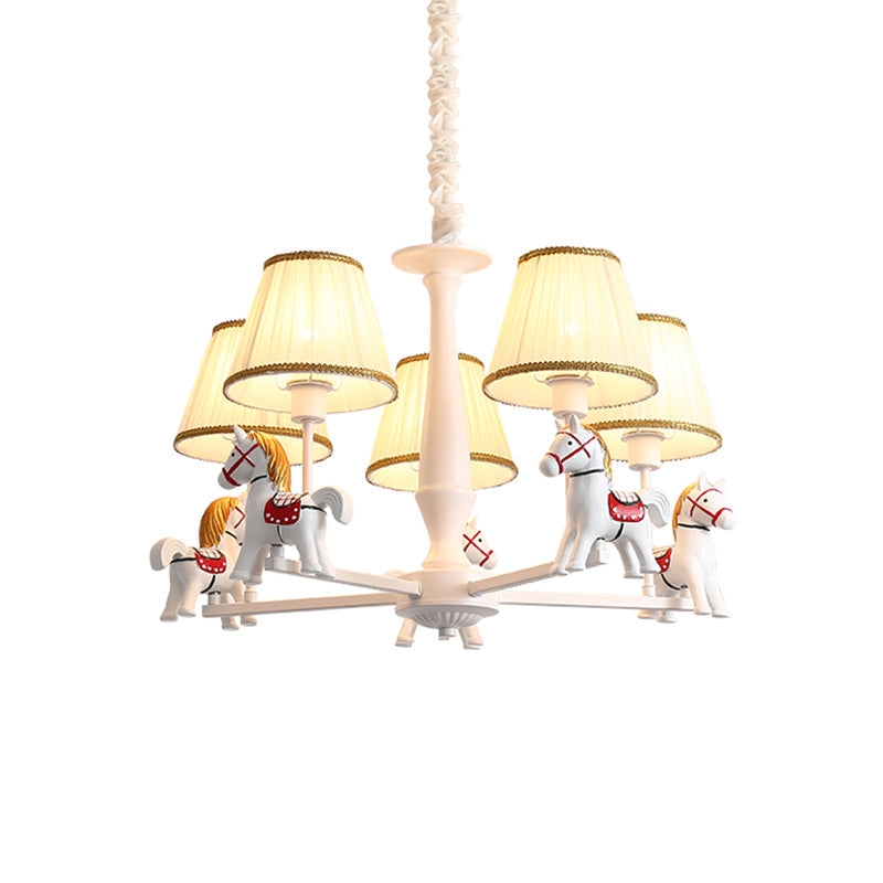 Kids White Horse Chandelier Lamp - Resin Ceiling Pendant Light With Fabric Shade