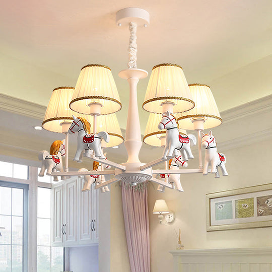 Kids White Horse Chandelier Lamp - Resin Ceiling Pendant Light With Fabric Shade