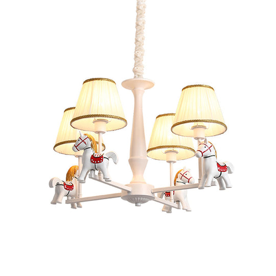 Kids White Horse Chandelier Lamp - Resin Ceiling Pendant Light With Fabric Shade