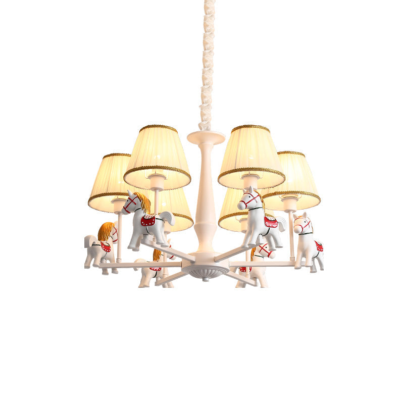 Kids White Horse Chandelier Lamp - Resin Ceiling Pendant Light With Fabric Shade