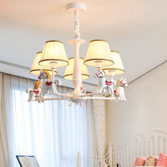 Kids White Horse Chandelier Lamp - Resin Ceiling Pendant Light With Fabric Shade