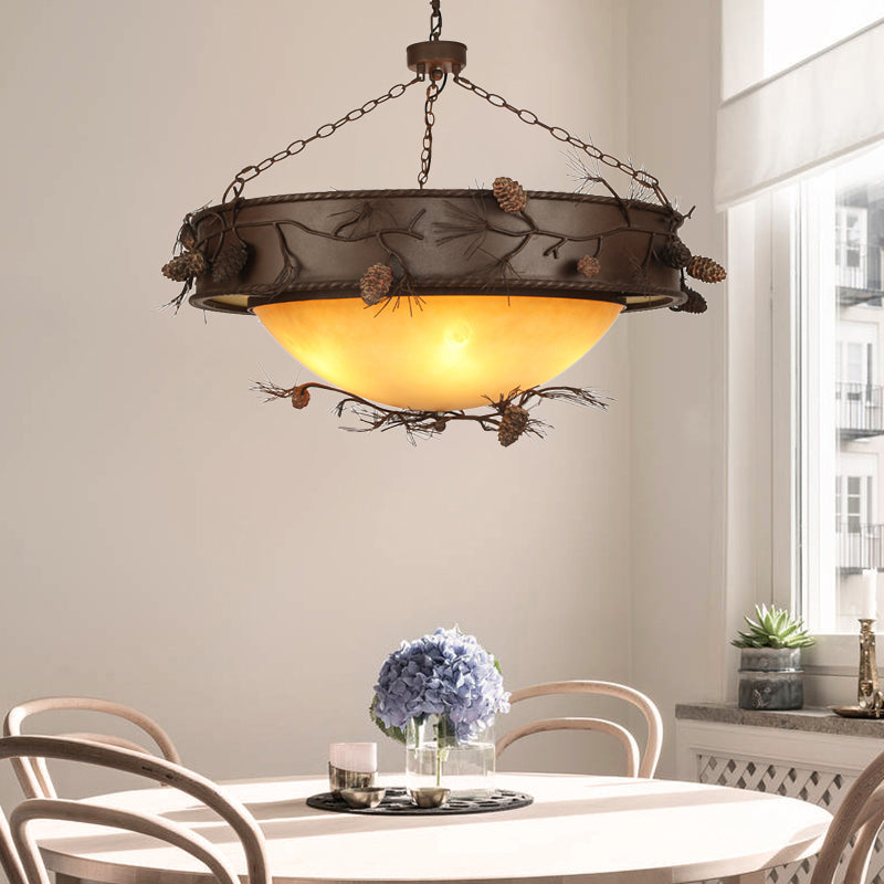 Country Bowl Frosted Glass Hanging Chandelier In Red Brown With Pinecone Accents - 4-Light Ceiling