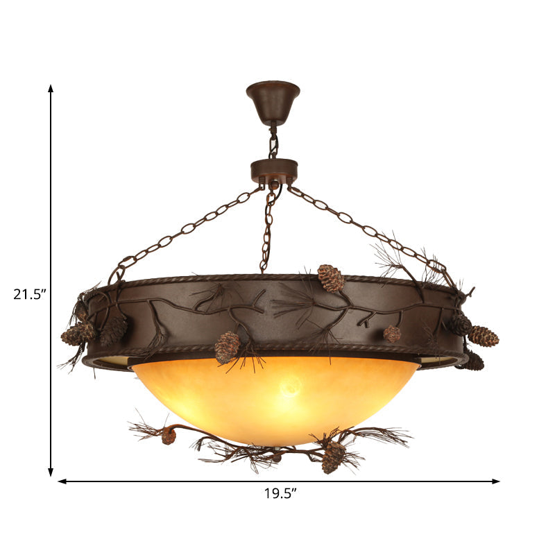 Country Bowl Frosted Glass Hanging Chandelier In Red Brown With Pinecone Accents - 4-Light Ceiling