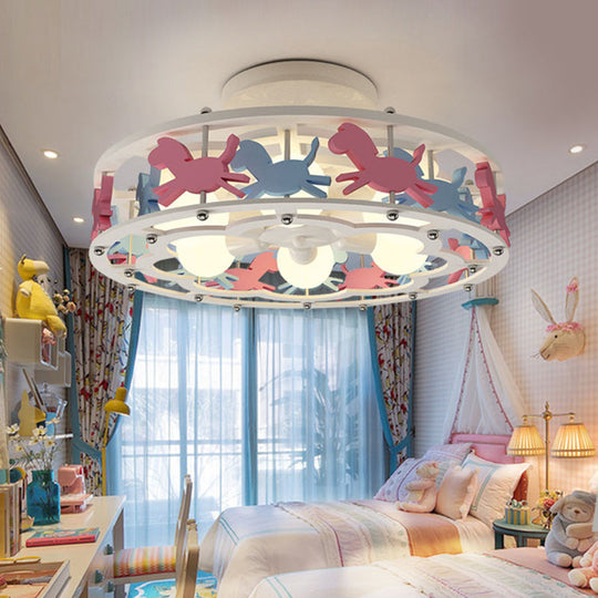 Cartoon Metal Drum Shaped 6-Light Kids Room Ceiling Lamp in White