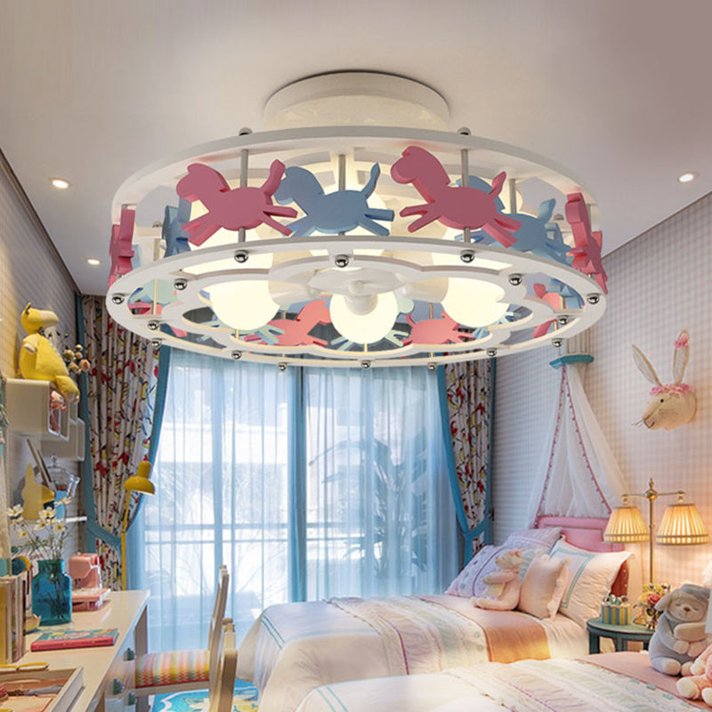 Cartoon Metal Drum Shaped 6-Light Kids Room Ceiling Lamp In White