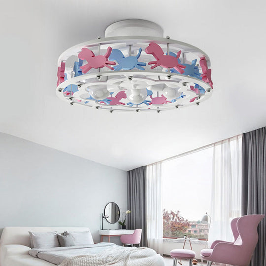 Cartoon Metal Drum Shaped 6-Light Kids Room Ceiling Lamp in White