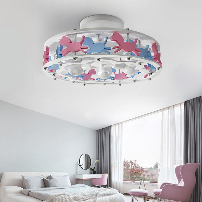 Cartoon Metal Drum Shaped 6-Light Kids Room Ceiling Lamp In White