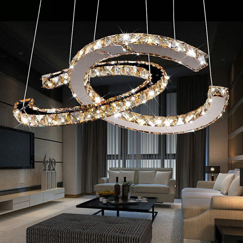 Minimalistic Led Pendant Chandelier With Crystal C Shape - Stainless Steel Ceiling Light