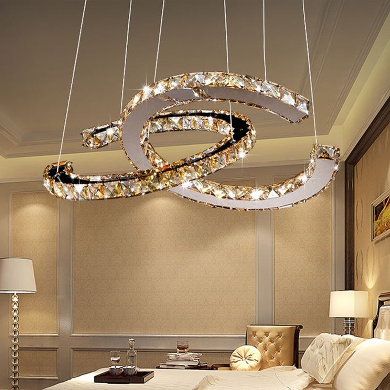 Minimalistic Led Pendant Chandelier With Crystal C Shape - Stainless Steel Ceiling Light