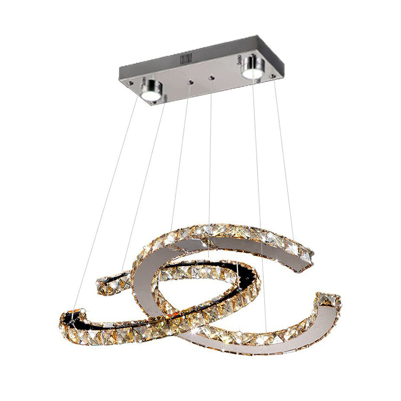 Minimalistic Led Pendant Chandelier With Crystal C Shape - Stainless Steel Ceiling Light