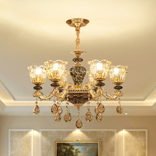 Clear Glass Flower Up Chandelier In Coffee - Traditional Bedroom Hanging Light Fixture