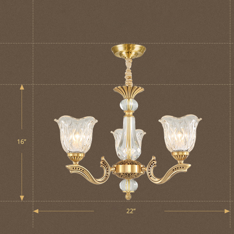 Antique Gold Scalloped Crystal Glass Chandelier With 3 Lights