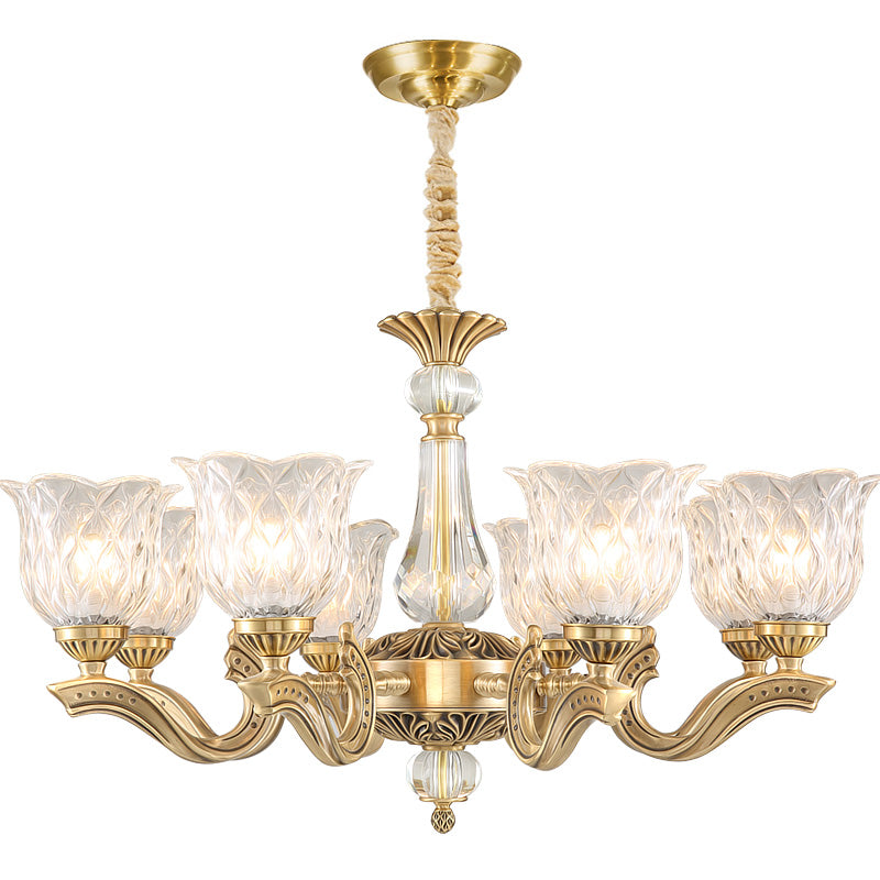 Antique Gold Scalloped Crystal Glass Chandelier With 3 Lights