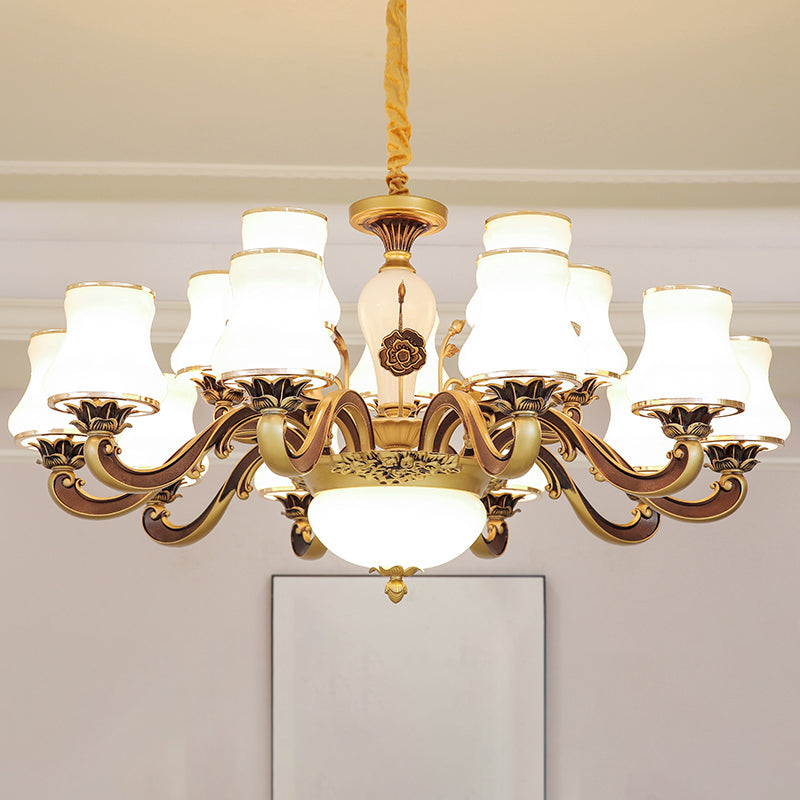 Vintage Brass Chandelier: White Glass Flared Design For Dining Room Lighting