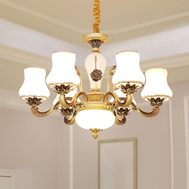 Vintage Brass Chandelier: White Glass Flared Design For Dining Room Lighting